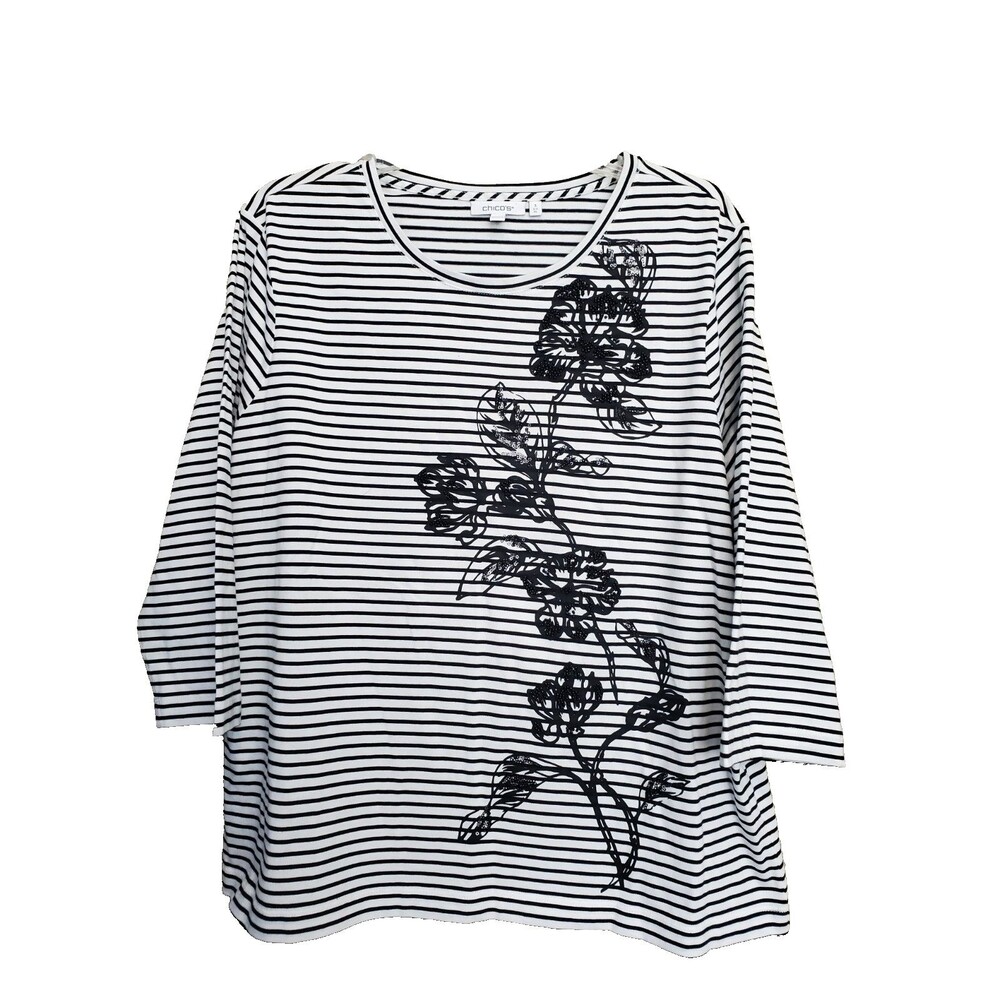 Chico's Black Striped Floral Sequined Studded 3/4 Sleeve T-Shirt Size 3 (XL)